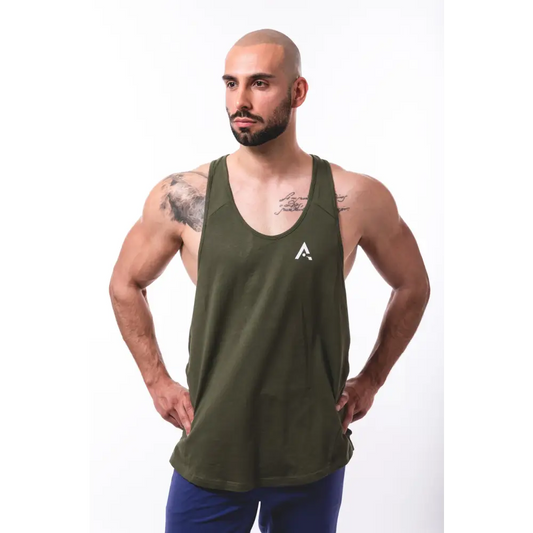 Olive green tank top from Crush Workouts in a stylish mens fitness stringer