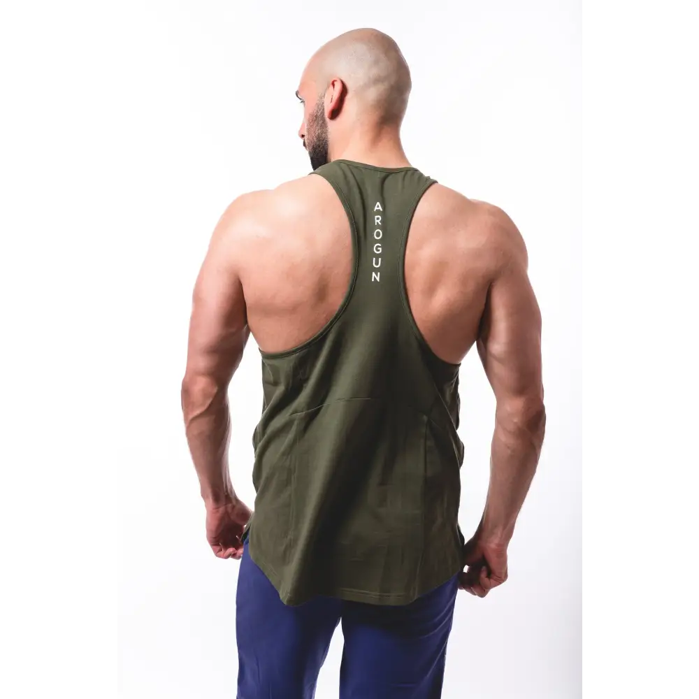 Olive green tank top in a Crush Workouts Mens Fitness Stringer for cool workouts