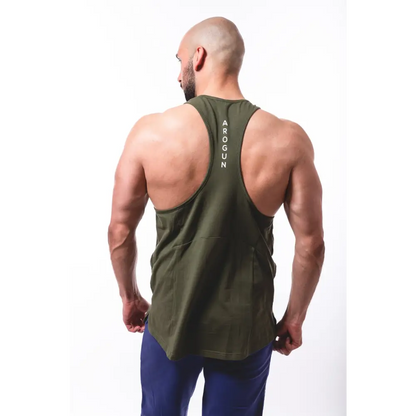 Olive green tank top in a Crush Workouts Mens Fitness Stringer for cool workouts