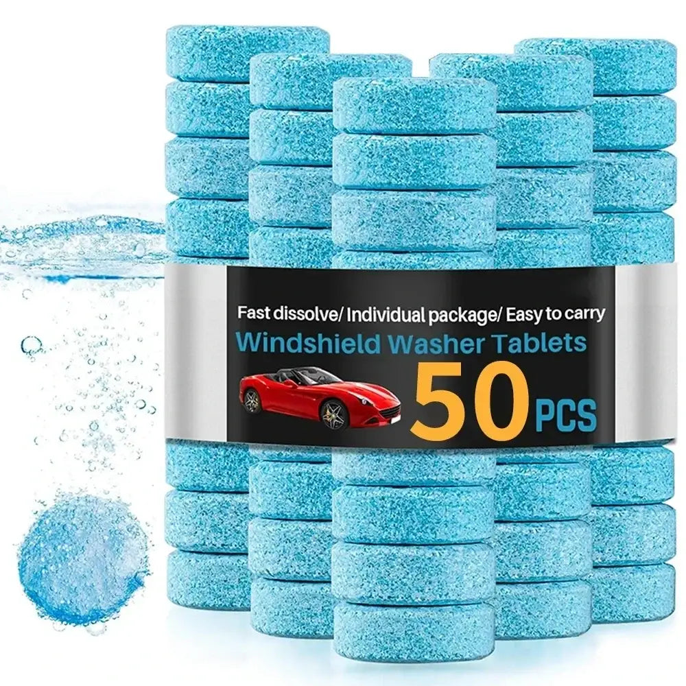 Crystal Clear Car Windscreen Cleaner effervescent tablets in vibrant blue for an easy clean