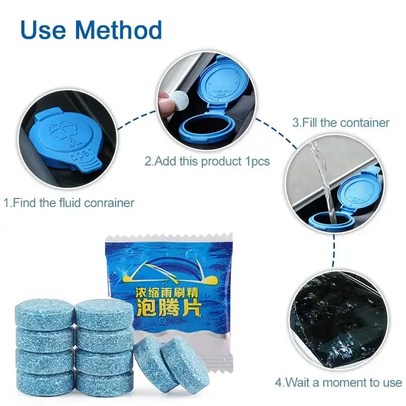 Windshield washer fluid tablets and instructions for Crystal Clear Car Windscreen Cleaner