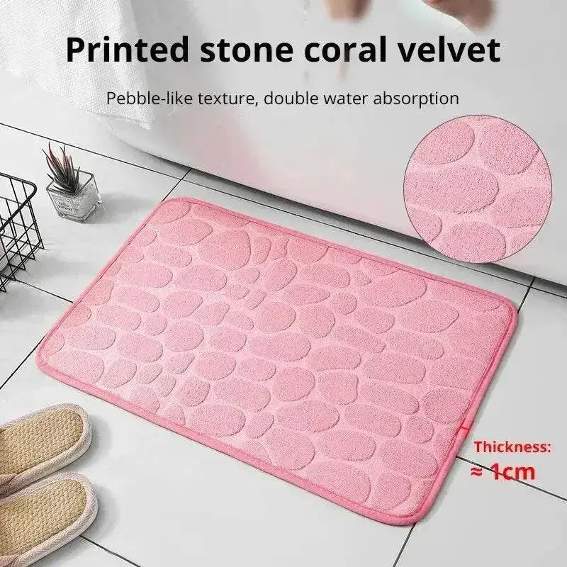 Cushy Embossed Velvet Pebble Bath Mat in soft pink, perfect memory foam embossed comfort