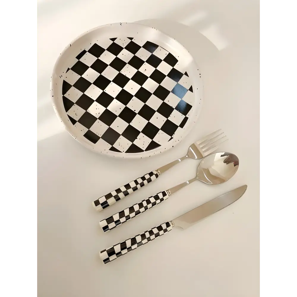 Cute Bear Plates with stylish modern checkered flatware set for fun dining