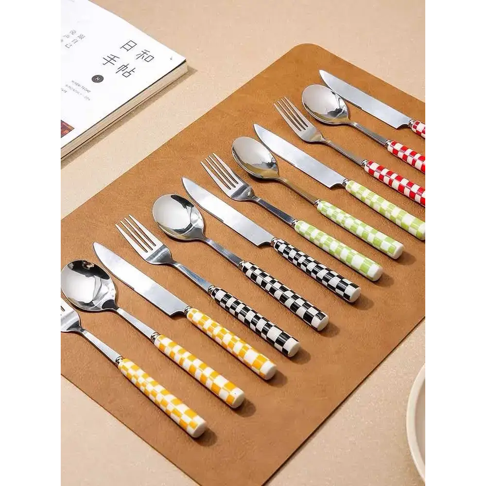 Colorful checkered flatware set for your Cute Bear Plates, perfect for fun dining!