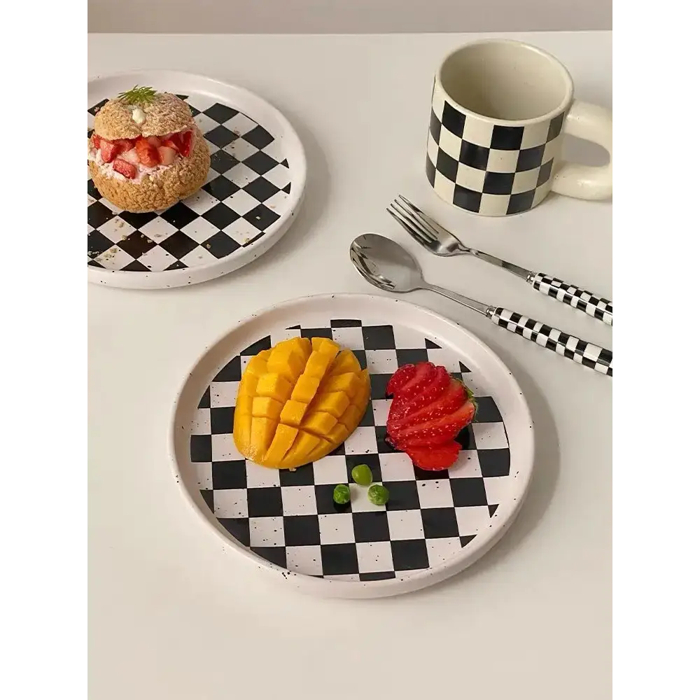 Cute Bear Plates with checkered flatware sets, featuring fruit and pastry delights