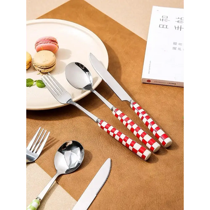 Cutlery set featuring stylish checkered handles from Cute Bear Plates & Modern Checkered Flatware