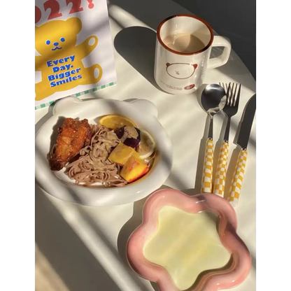 Bear-themed breakfast setting with Cute Bear Plates and modern checkered flatware