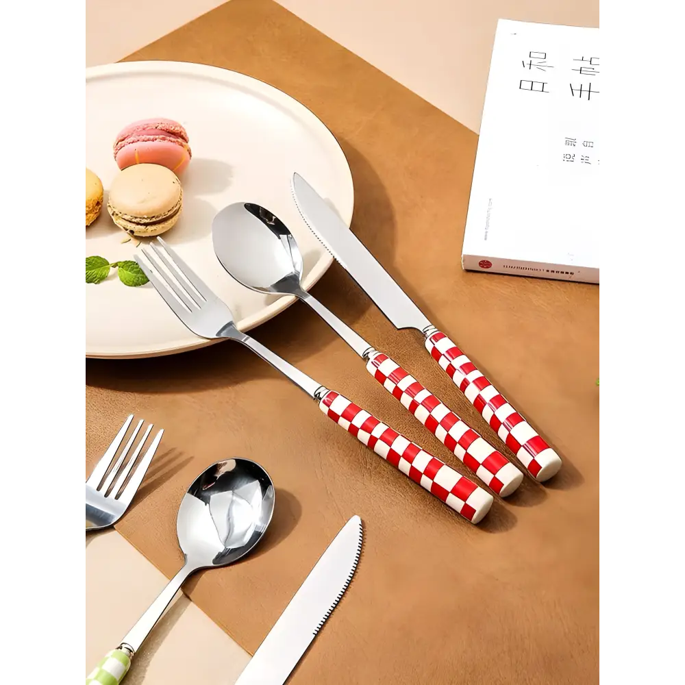 Red and white checkered flatware from Cute Bear Plates & Modern Checkered Flatware pack