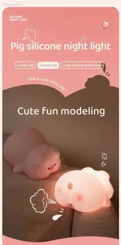 Cute Pink Piggy Night Light USB Rechargeable LED Lamp - Estalios