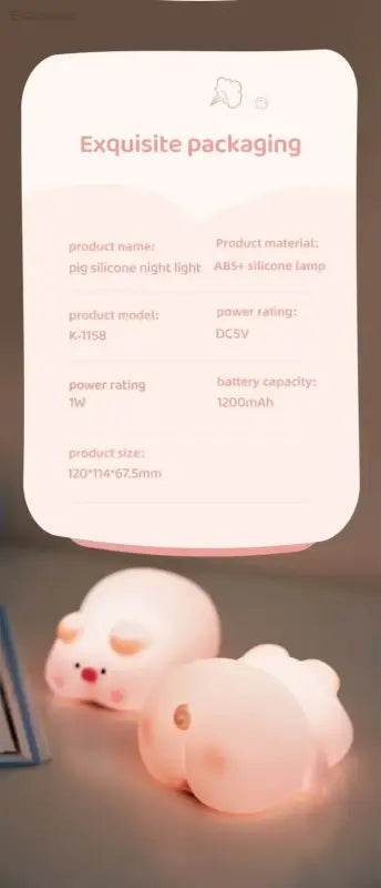 Cute Pink Piggy Night Light USB Rechargeable LED Lamp - Estalios