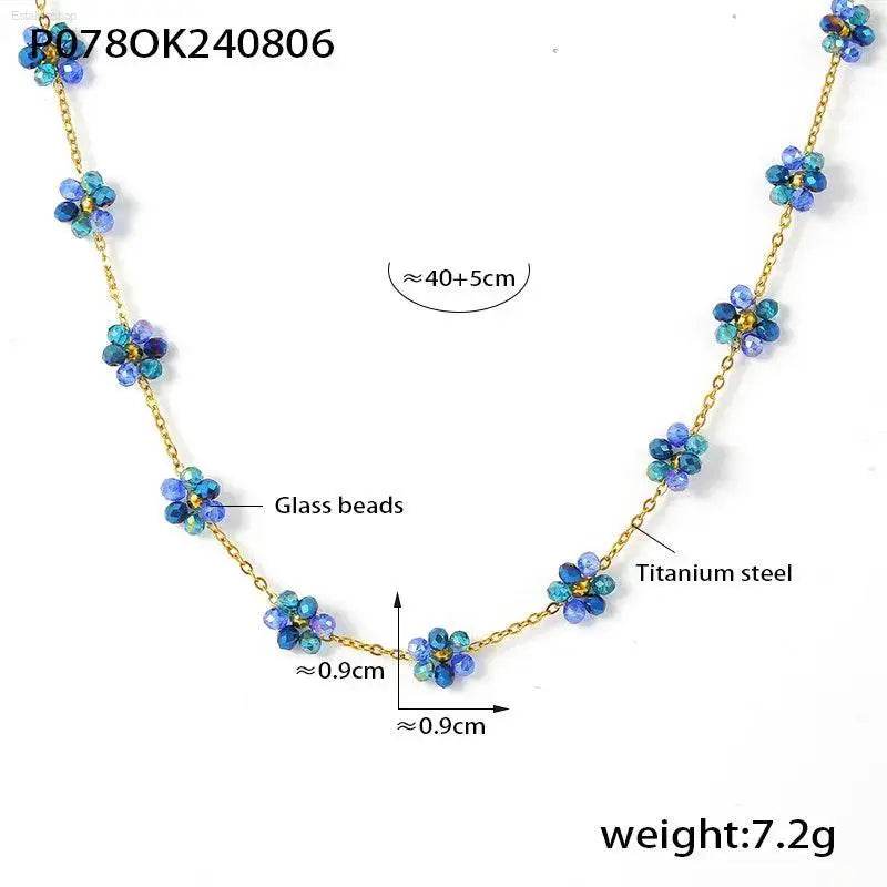 Blue glass bead flower necklace.