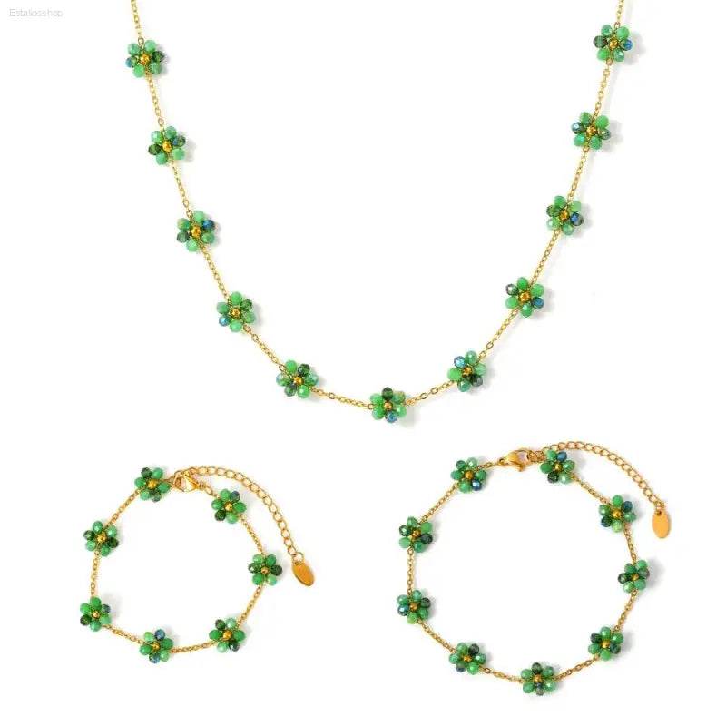 Green floral beaded jewelry set.