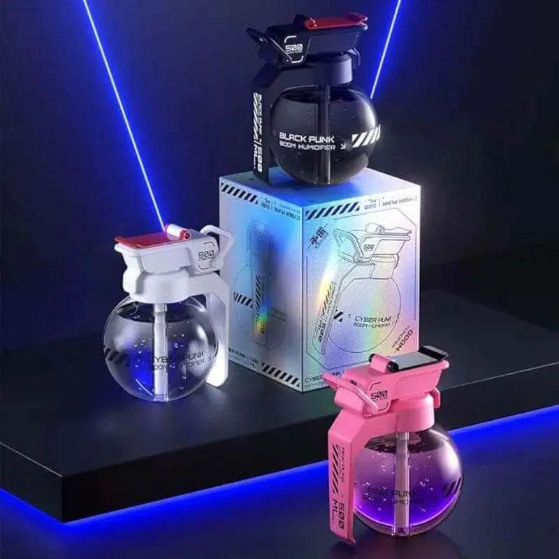 Grenade-shaped humidifiers in black, white, and pink.