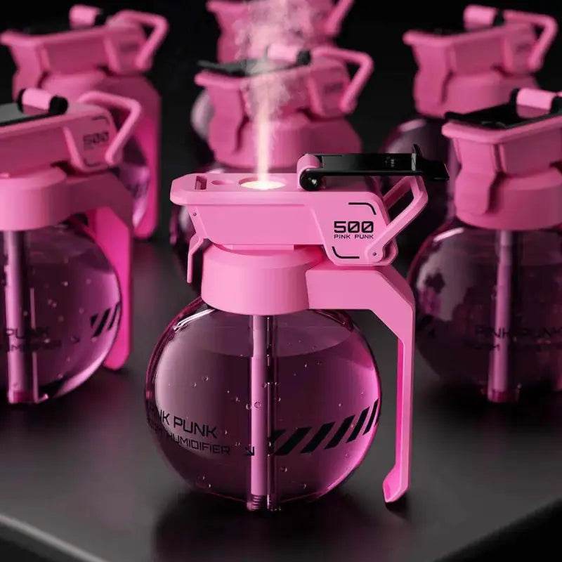Pink grenade-shaped humidifier.