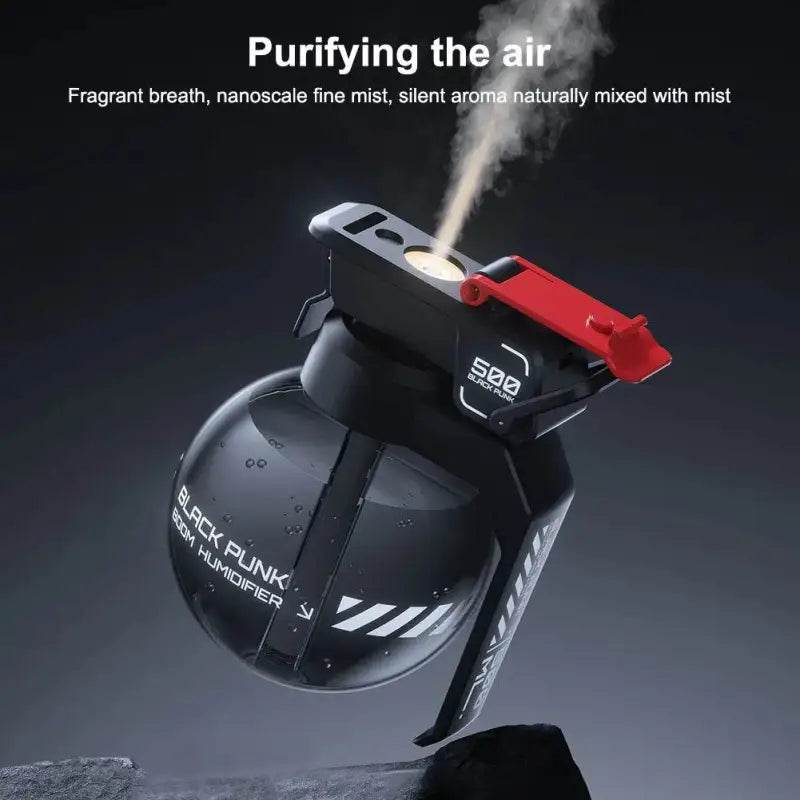Grenade-shaped black humidifier with red accents.