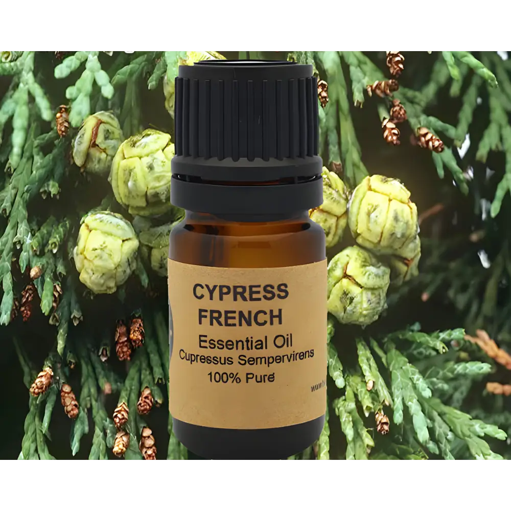 Cypress essential oil in an amber bottle for Cypress Wood French Essence