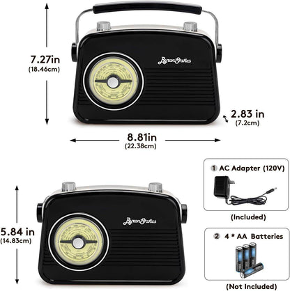Black AM FM Radio - Portable Vintage Radio With Headphone Jack - Estalios
