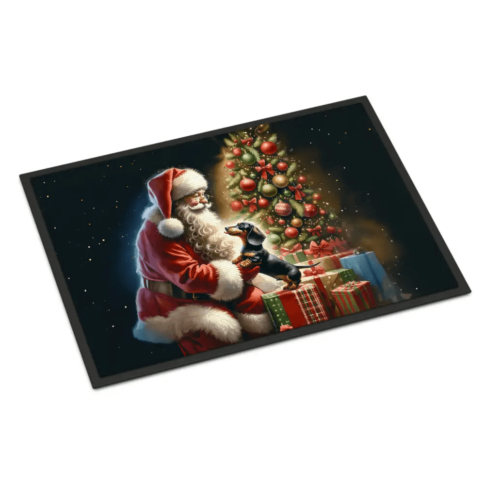 Santa Claus Doormat: Dachshund Delivery! Product Description: Get Ready to Welcome Guests with Holiday Cheer with our Festive Santa Claus and Dachshund - Estalios