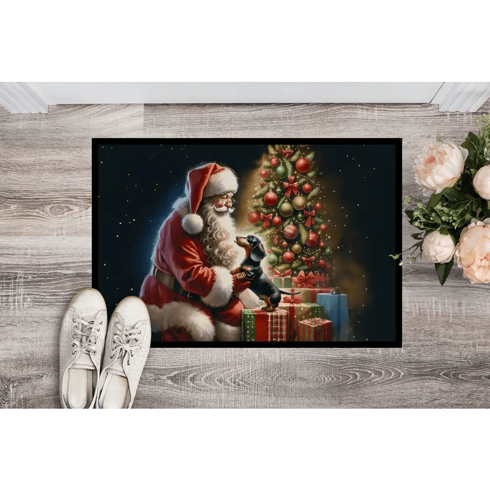 Santa Claus Doormat: Dachshund Delivery! Product Description: Get Ready to Welcome Guests with Holiday Cheer with our Festive Santa Claus and Dachshund - Estalios
