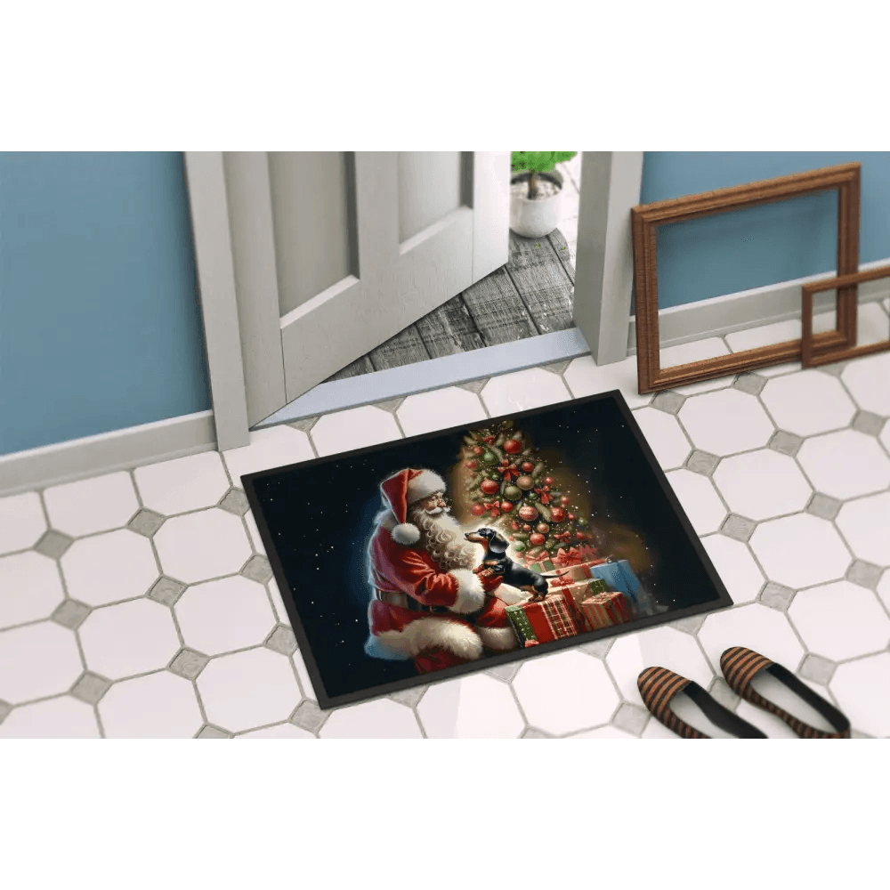 Santa Claus Doormat: Dachshund Delivery! Product Description: Get Ready to Welcome Guests with Holiday Cheer with our Festive Santa Claus and Dachshund - Estalios