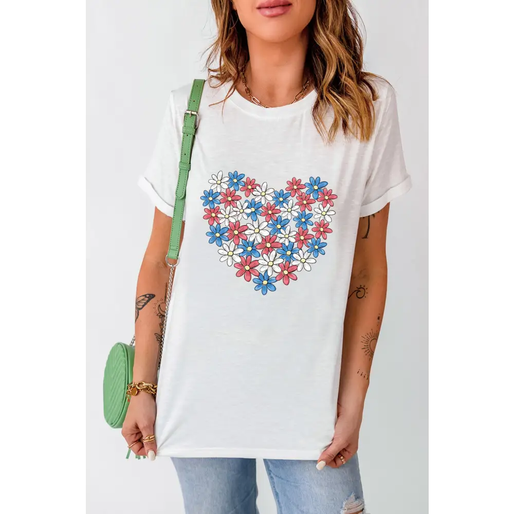 White Tee featuring a floral heart design with a cute Daisy Heart Shape print