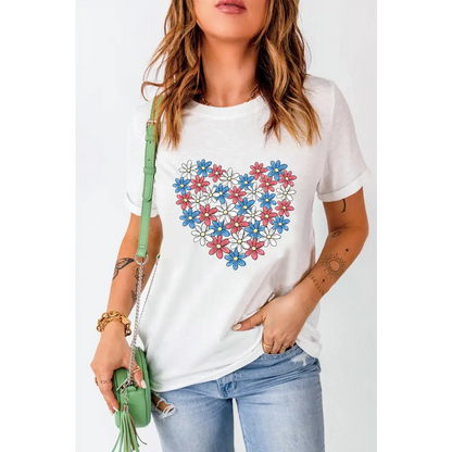 White tee with a floral heart shape print featuring a cute white daisy heart design