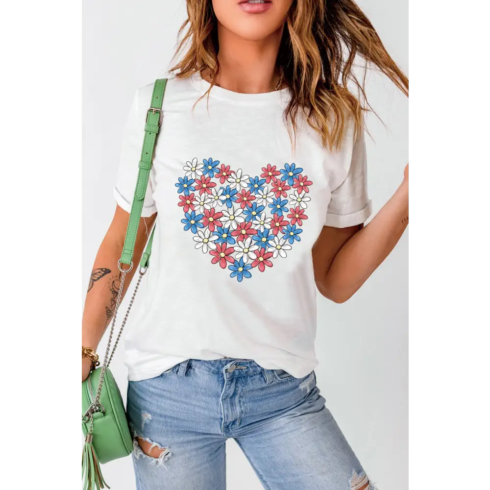 White Daisy Heart T-shirt with a cute heart shape print and floral design