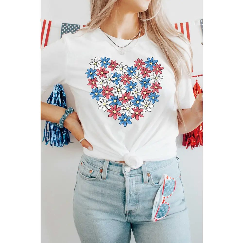 White T-shirt featuring a floral heart shape print with a cute Daisy Heart Shape design