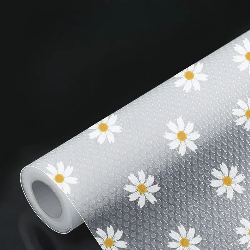 Daisy-patterned waterproof nonslip kitchen shelf liner roll for stylish cabinets