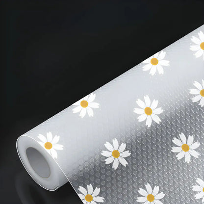 Daisy-patterned shelf liner roll perfect for waterproof nonslip kitchen cabinets