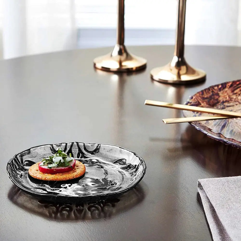 Decorative Damask Black Velvet Gilded Glass Canapé Plate showcasing tasty snacks