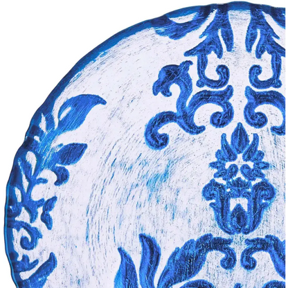 Blue and white patterned glass charger from Damask Blue Velvet Gilded collection