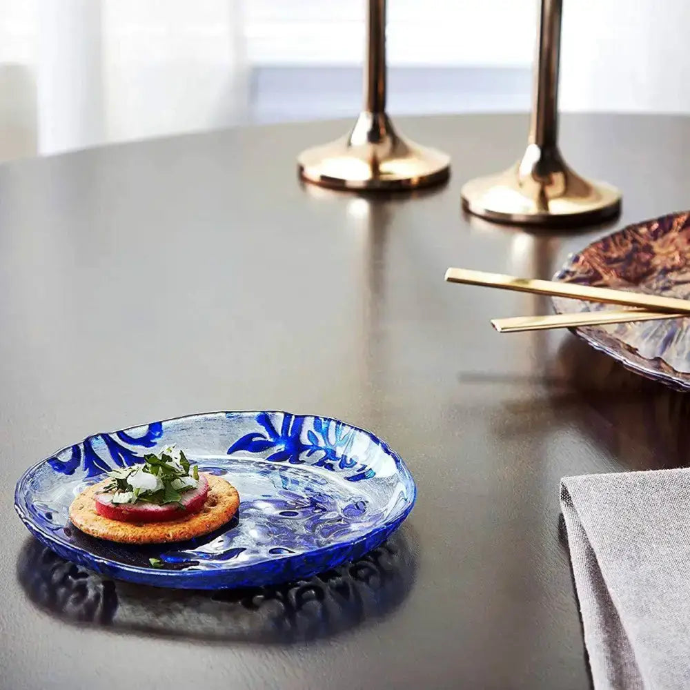 Blue patterned appetizer plate from the Damask Blue Velvet Gilded Glass Canapé collection