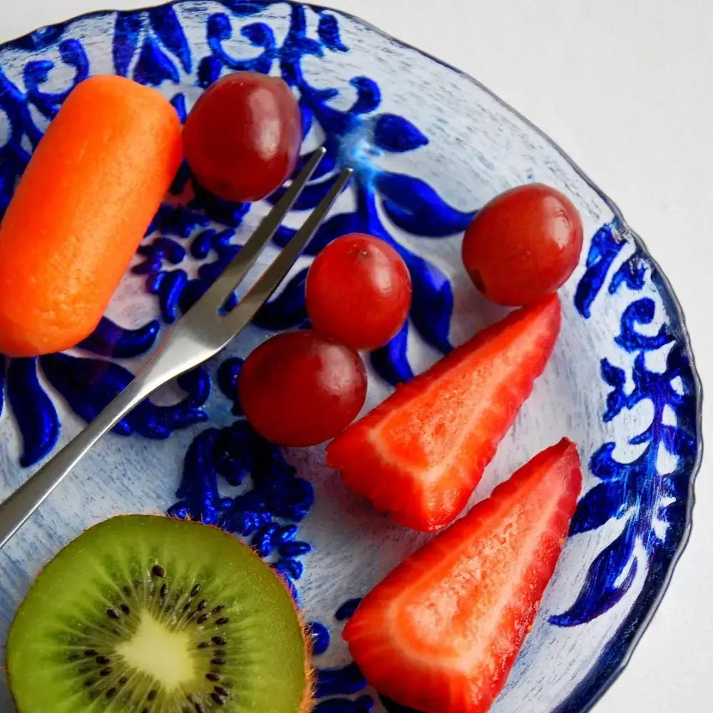 Colorful fruit and veggie spread on Damask Blue Velvet Gilded Glass Canapé Plate