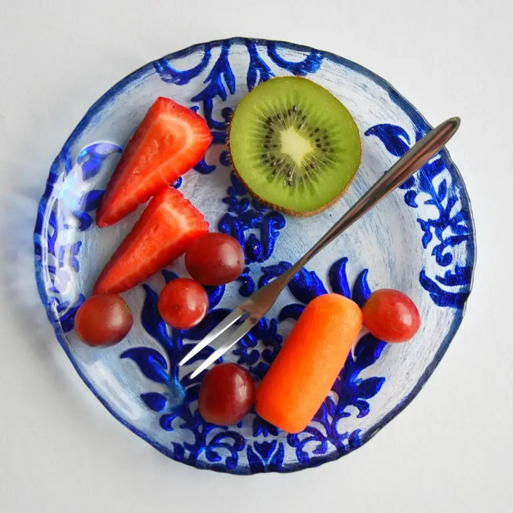 Vibrant fruit and carrot on a Damask Blue Velvet Gilded Glass Canapé Plate