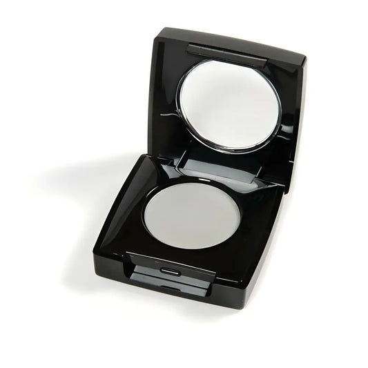 Open black compact with mirror showcasing Danyel Eyelight Shadows Gray Frost professional eyeshadows