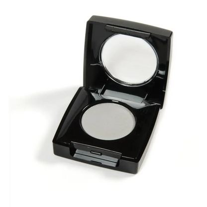 Open black compact with mirror showcasing Danyel Eyelight Shadows in Gray Frost