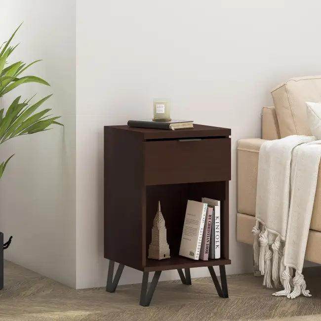 Stylish Dark Brown Wooden Tall End Table with Storage - Estalios