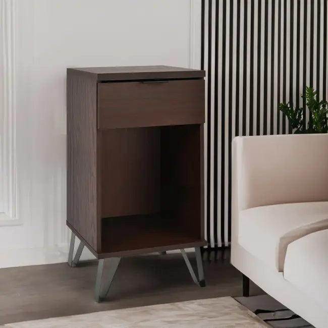 Stylish Dark Brown Wooden Tall End Table with Storage - Estalios
