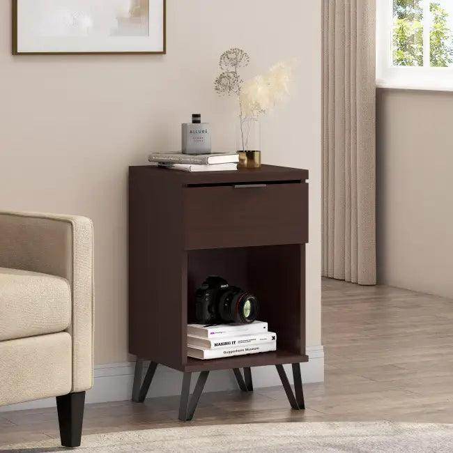 Stylish Dark Brown Wooden Tall End Table with Storage - Estalios