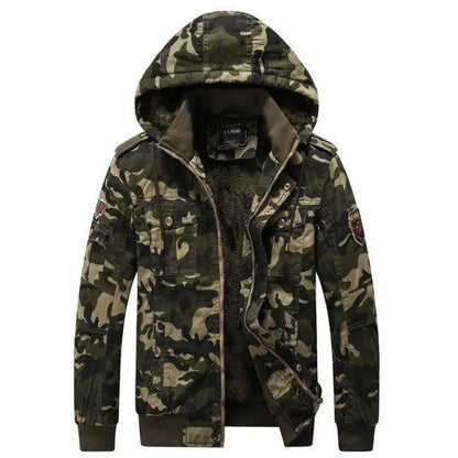 Dark Green Camouflage Hooded Jacket with Fur Lining - Estalios