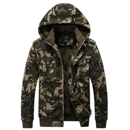 Dark Green Camouflage Hooded Jacket with Fur Lining - Estalios