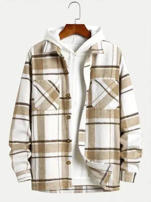 Dark Khaki Plaid Flannel Shirt Jacket with Fashion Lapel Style - Estalios