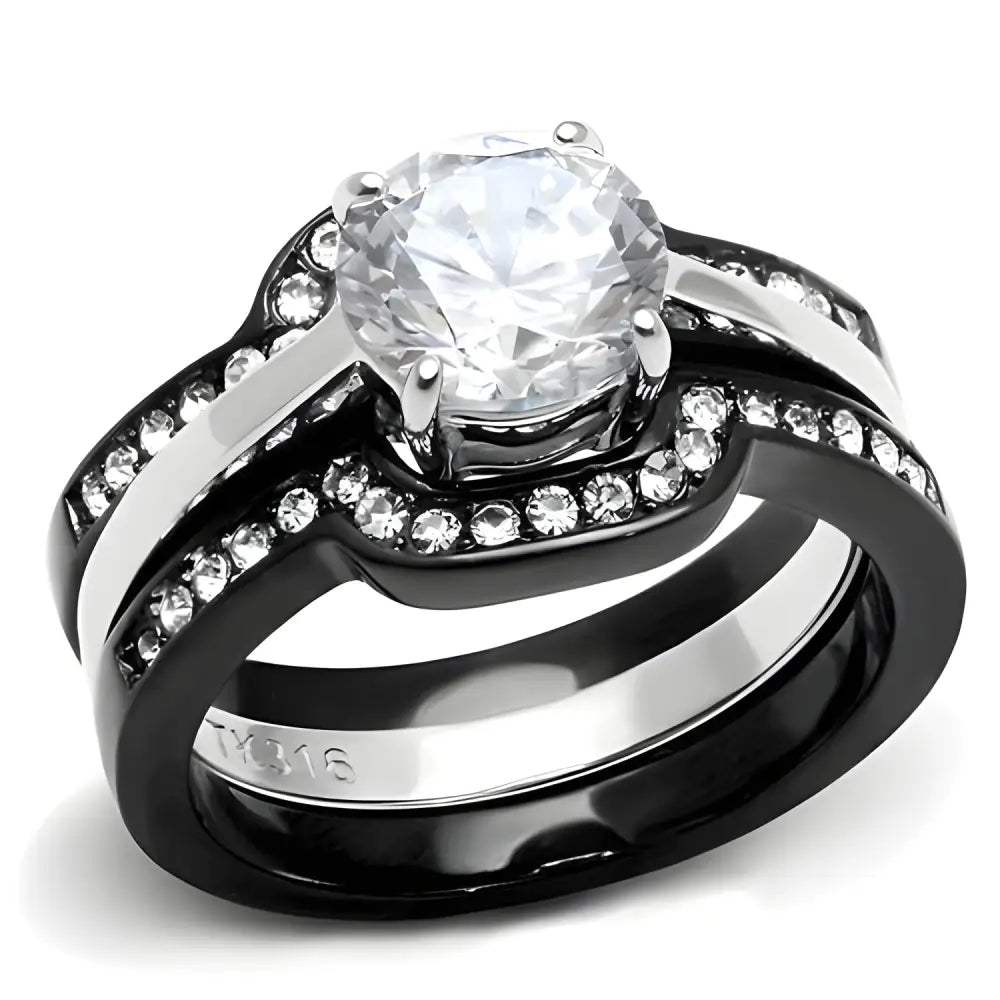 Stylish Black and Silver Wedding Ring Set with Cubic Zirconia for Women Stainless Steel