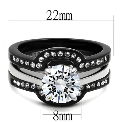 Black and silver stainless steel cubic zirconia ring set with a large clear stone