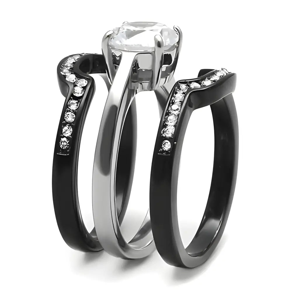 Three-piece stainless steel cubic zirconia rings with dazzling diamond accents