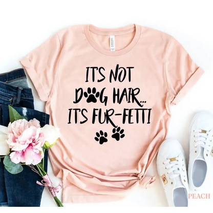 Peach t-shirt with dog-themed text, perfect with Deep Heather or Dusty Blue Tees