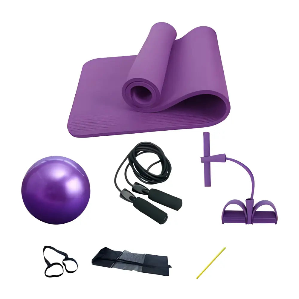 Purple exercise equipment set for deluxe yoga fitness with a stylish yoga ball