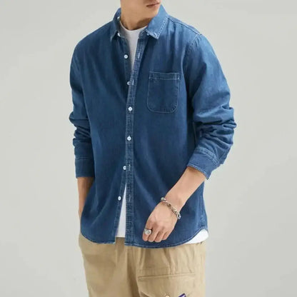 Blue denim button-down shirt in a stylish Denim Shirt & Leather Backpack Combo