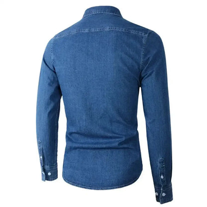 Blue denim long-sleeved shirt from the Denim Shirt & Leather Backpack Combo for men